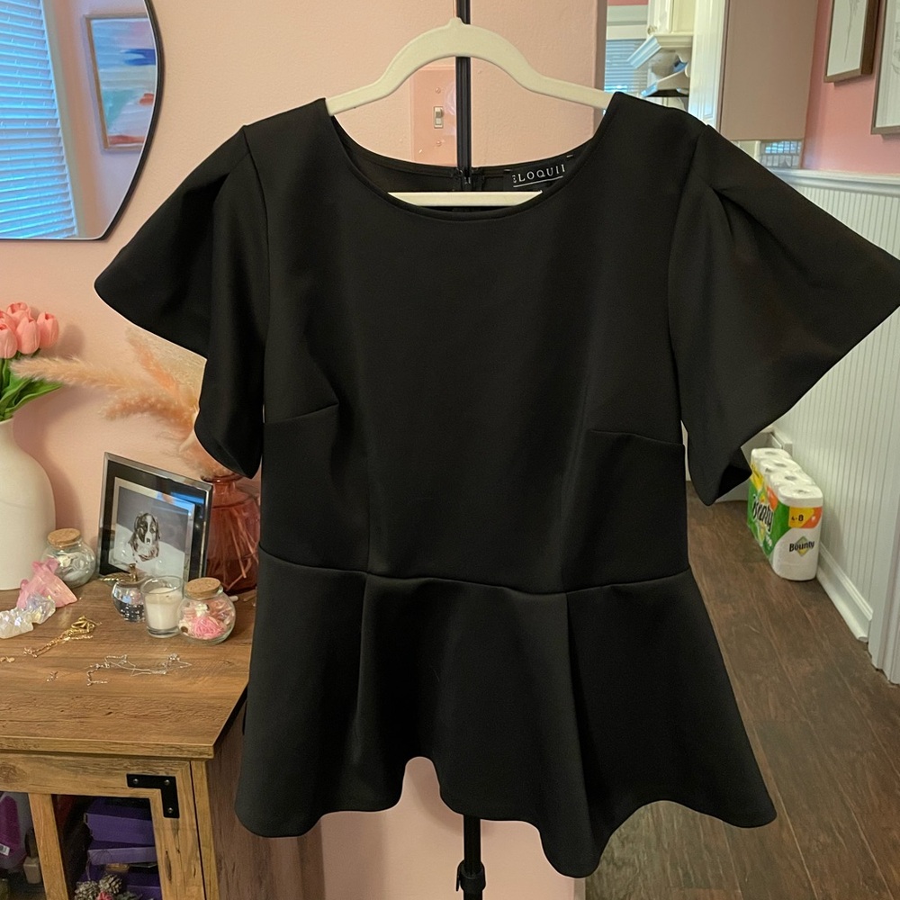 Eloquii Black Boxy Peplum Blouse Short Sleeve